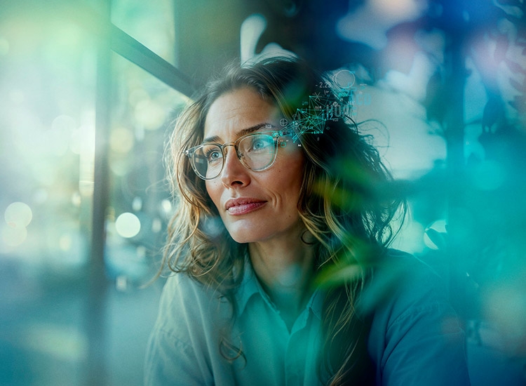 Frau mit Brille sieht aus dem Fenster